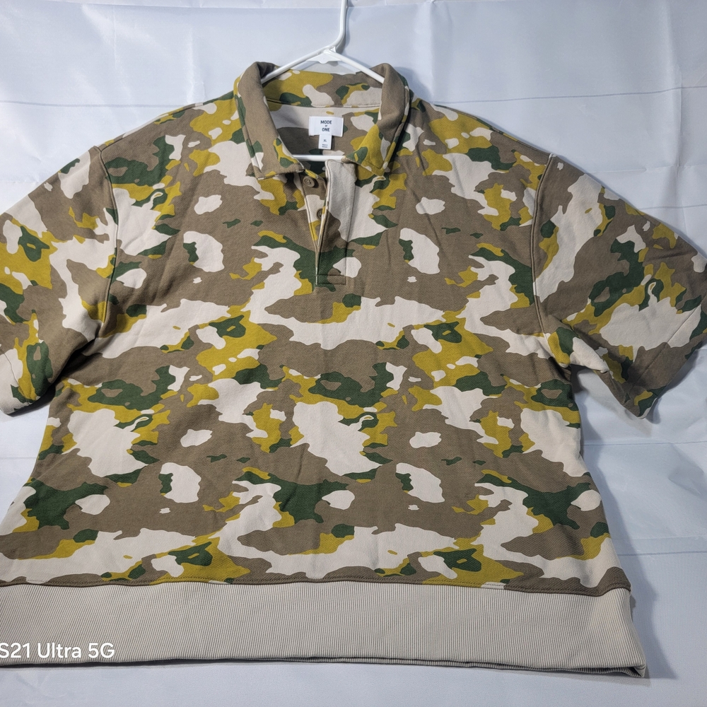 Mode of One Mens Relaxed Fit French Terry Camo Polo Shirt Army Brown XL